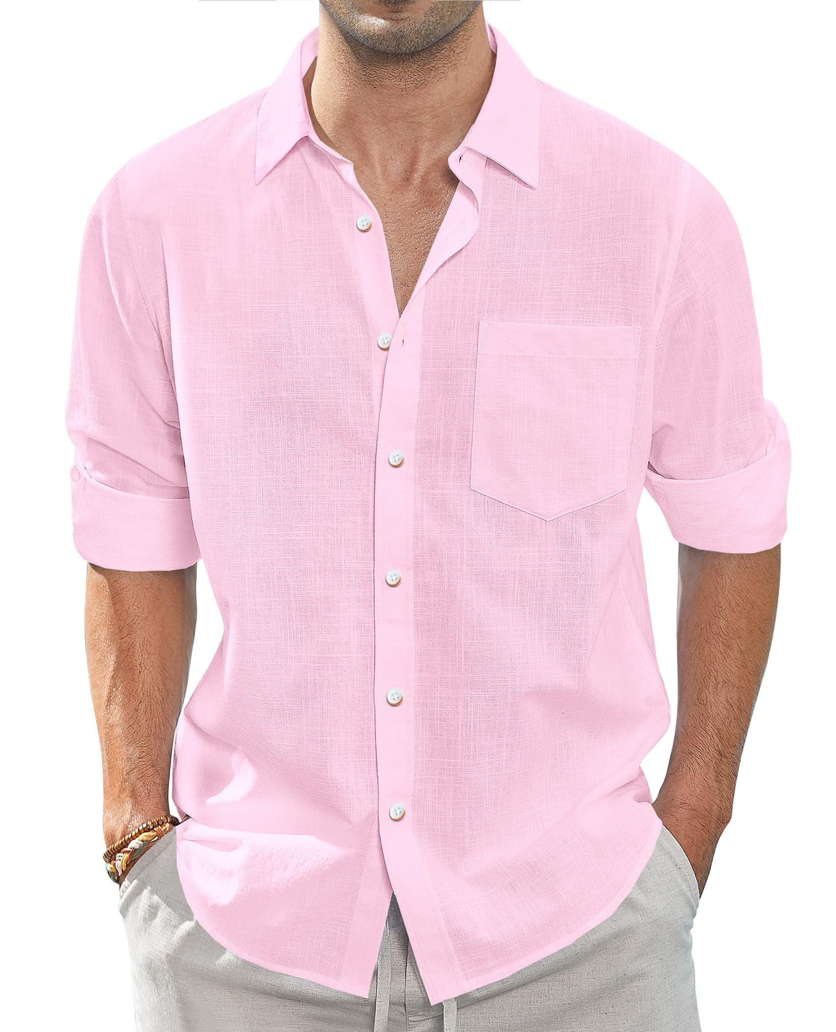 🌟 J.VER Leinenhemd Herren Langarm Regular Fit Hemd 4XL Rosa 🌴👔