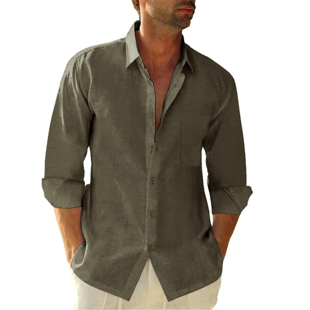 👕 Friptspyg Leinenhemd Herren Langarm Baumwolle Leinen Hemd Herren Freizeithemden Casual Regular Fit Sommerhemd mit Tasche L Olivgrün 👕