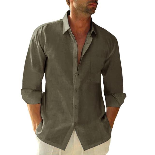 👕 Friptspyg Leinenhemd Herren Langarm Baumwolle Leinen Hemd Herren Freizeithemden Casual Regular Fit Sommerhemd mit Tasche L Olivgrün 👕