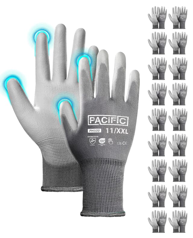 🧤 PACIFIC 18 Paare Graue Sicherheits-Arbeitshandschuhe - Rutschfeste PU-Beschichtung 🧤