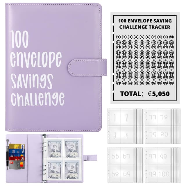 100 Briefumschläge Geld Sparen Challenge - Budgetplaner und Sparbuch (Lila) 📗📘📙📔📕