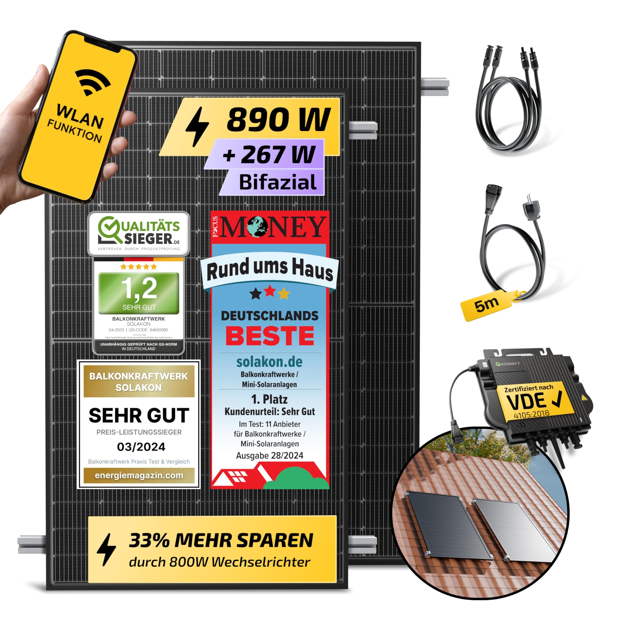 Solakon 900W Balkonkraftwerk mit Halterung (Ziegeldach, Einzelmontage) - 800W komplett Steckdose - 800 Watt Wechselrichter - Solaranlage Komplettset - 450W bifaziale Solarmodule inkl Zubehör - 5m Mit Ziegeldach (Einzelmontage) Halterung 5m Kabel