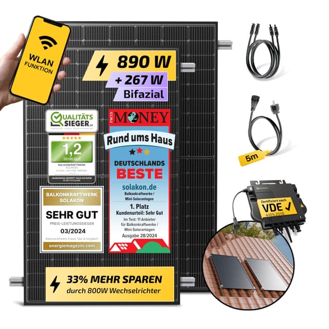 Solakon 900W Balkonkraftwerk mit Halterung (Ziegeldach, Einzelmontage) - 800W komplett Steckdose - 800 Watt Wechselrichter - Solaranlage Komplettset - 450W bifaziale Solarmodule inkl Zubehör - 5m Mit Ziegeldach (Einzelmontage) Halterung 5m Kabel