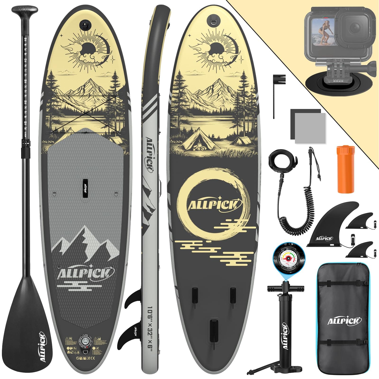 ALLPICK Premium SUP Board Set 🏄‍♂️ Stand Up Paddling Board Aufblasbar - Landschaft-Grau Gold