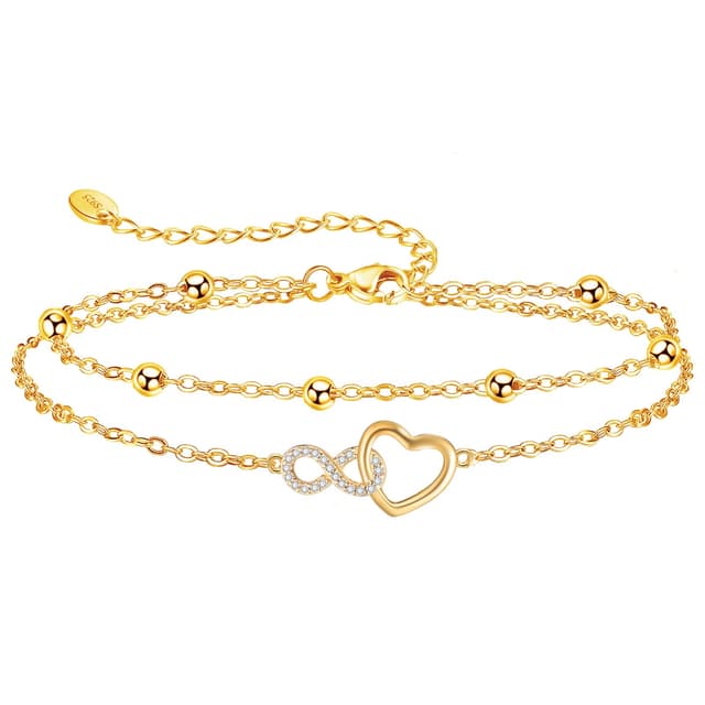 Jbniuay Fußkettchen für Damen 925 Sterling Silber - Infinity Herz Fußkette Verstellbar 23+5cm - Geschenke für Frauen/Mama/Mutter gold ❤️🌟