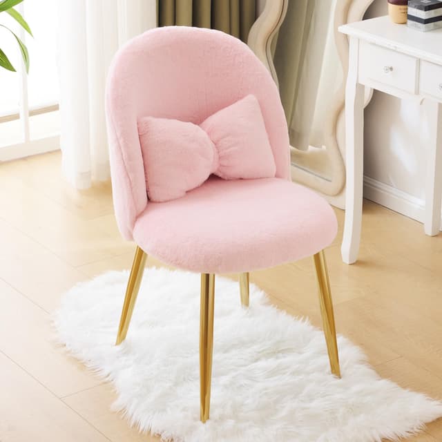 Bonnlo Schminktisch Stuhl, Schminkstuhl Kinder, Moderner Esszimmerstuhl mit verstellbaren Goldbeinen & Schleifenkissen für Schlafzimmer, Homeoffice, Kinderzimmer (Plüsch, Rosa) Rosa Plüsch