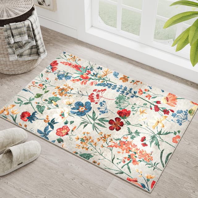 🌼 HUGEAR Beige Waschbarer Teppich Blumenmuster 60x90cm 🌸 Bumen Boho Eingangsbereich Neutral Modern Fußmatte Badezimmerteppich Weich rutschfest Kleiner Kurzflor Bad Schlafzimmer Carpet Bedroom Beige 60 x 90 cm (Rechteckig) - Angebot