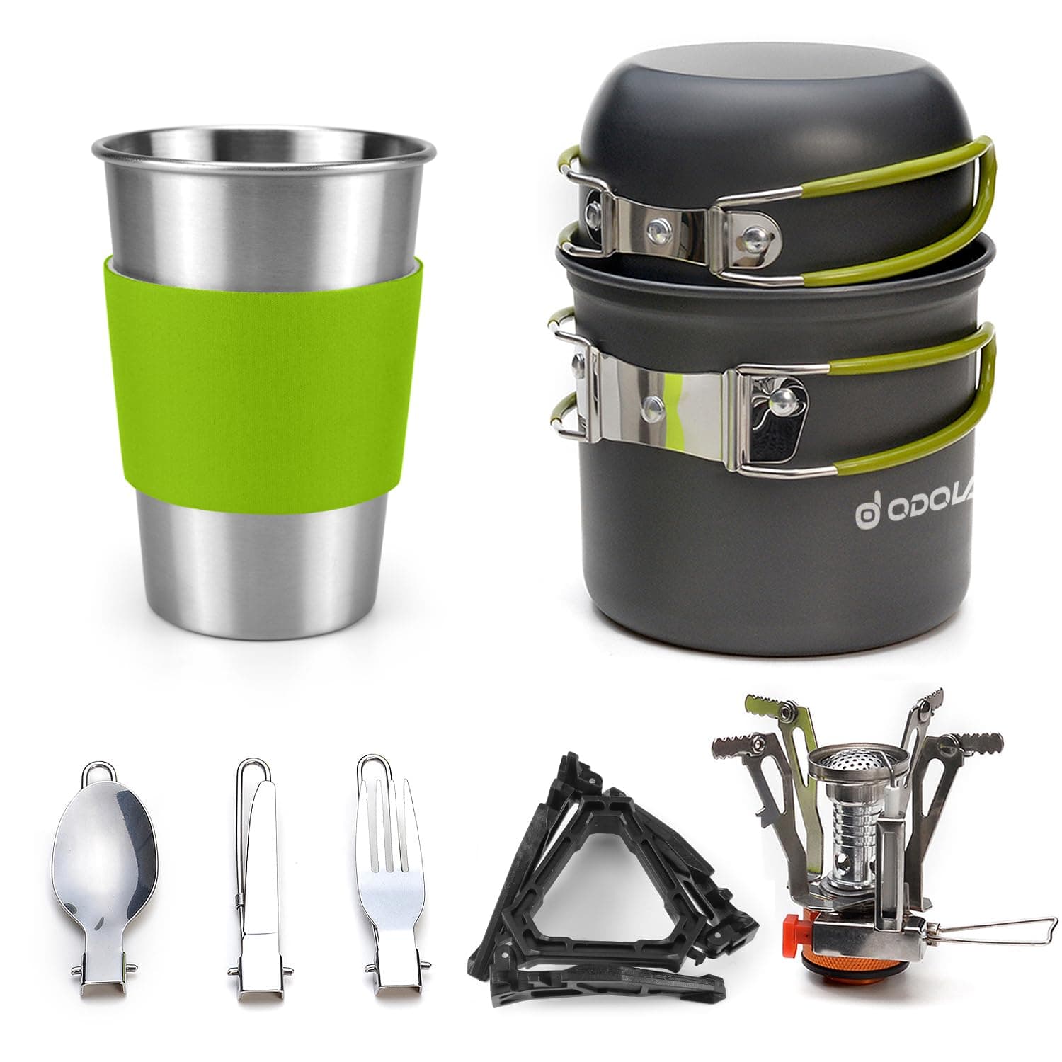🏕️ Odoland Camping Geschirr Set 10-teiliges Outdoor Kochgeschirr Aluminium Camping Töpfe Becher Faltbare Besteck Mini Campingkocher für Outdoor Picknick Wandern