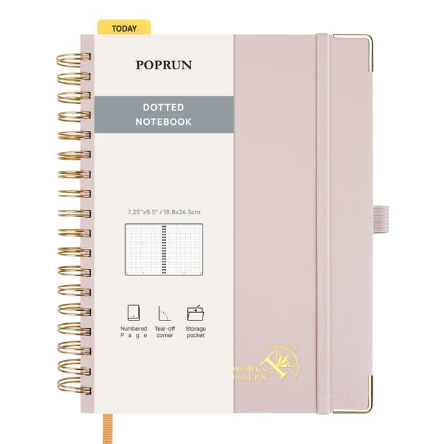 POPRUN Notizbuch B5 Gepunktetes, Bullet Dotted Journal, Spiral-Notizbücher 120 GSM Papier, 220 nummerierte Seiten, Hardcover mit Kleberegisterkarten und 8 Abreißblättern - LPK(Hellrosa) Hellrosa B5-18.8 x 24.5cm Gepunktet 📓