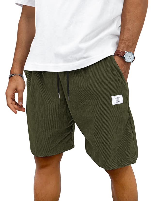 TARAINYA Corduroy Kurze Hosen Herren 🌞 Baumwolle Kordelzug Shorts Herren Sommer Stretch Freizeitshorts mit Taschen C Armeegrüne M