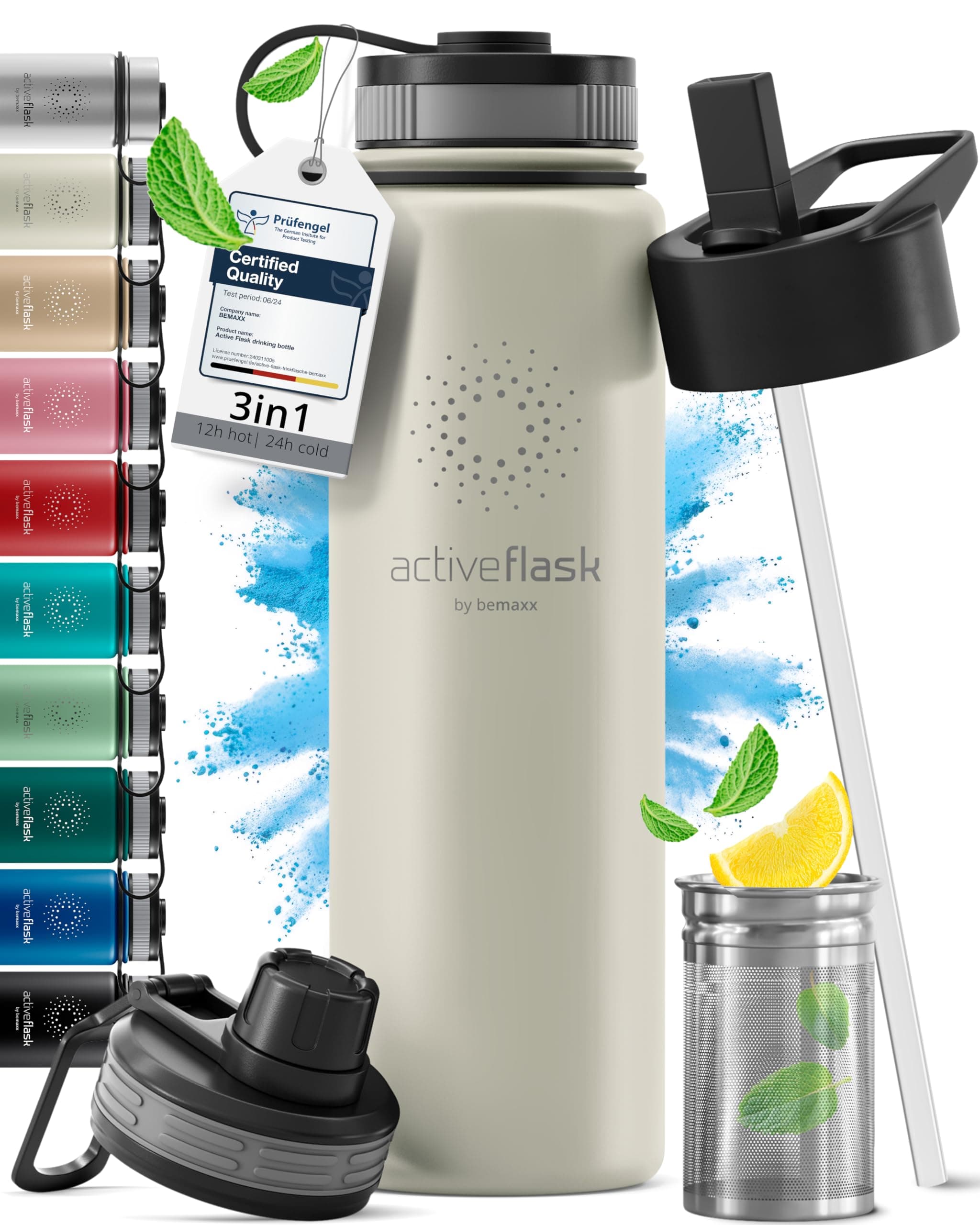 Trinkflasche Edelstahl ACTIVE FLASK + Strohhalm (3 Deckel) BPA-frei - Wasserflasche Thermosflasche Isoliert Sport Kinder Tee 680 ml Cream White