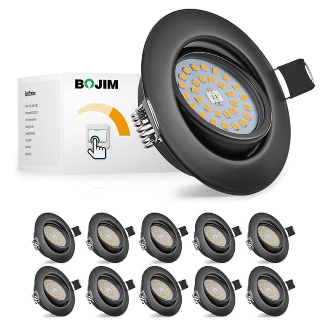 Bojim Einbaustrahler LED 230V Flach Dimmbar, Schwarz Warmweiß 5.5W 68mm - 80mm Lochmass, 10er Set