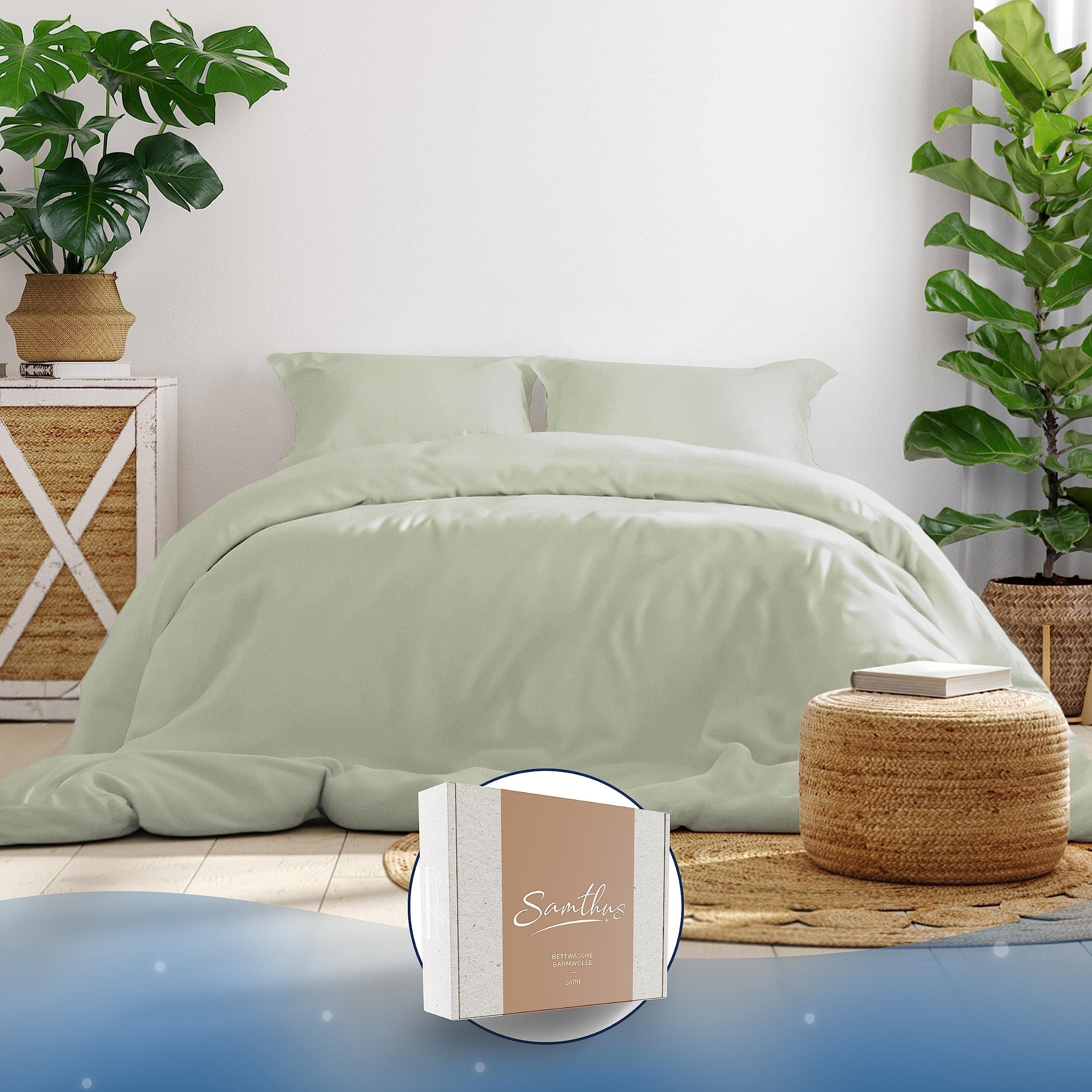 Samthus Bettwäsche 155x200 Baumwolle Satin - Oeko-Tex Made In Green 🌱 - Himmlisch weicher Schlaf 😴 - Bettwäsche-Set mit 1x Bettbezug 155x200 + 1x Kissenbezug 80x80 - Duvet Cover - Pastellgrün 155 x 200 cm Grün