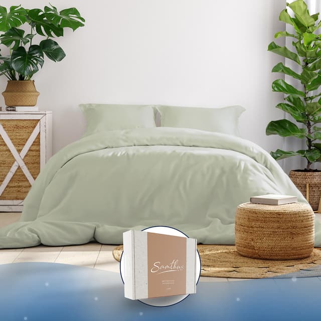 Samthus Bettwäsche 155x200 Baumwolle Satin - Oeko-Tex Made In Green 🌱 - Himmlisch weicher Schlaf 😴 - Bettwäsche-Set mit 1x Bettbezug 155x200 + 1x Kissenbezug 80x80 - Duvet Cover - Pastellgrün 155 x 200 cm Grün