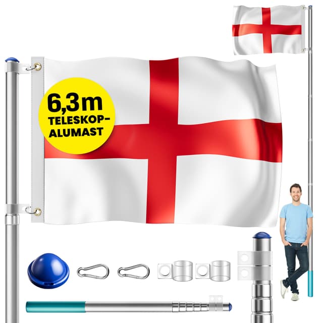 🚩 MONZANA® Aluminium Teleskop Fahnenmast 6,30m Bodenhülse 60cm inkl. England UK Vereinigtes Königreich Flagge 🏴🇬🇧