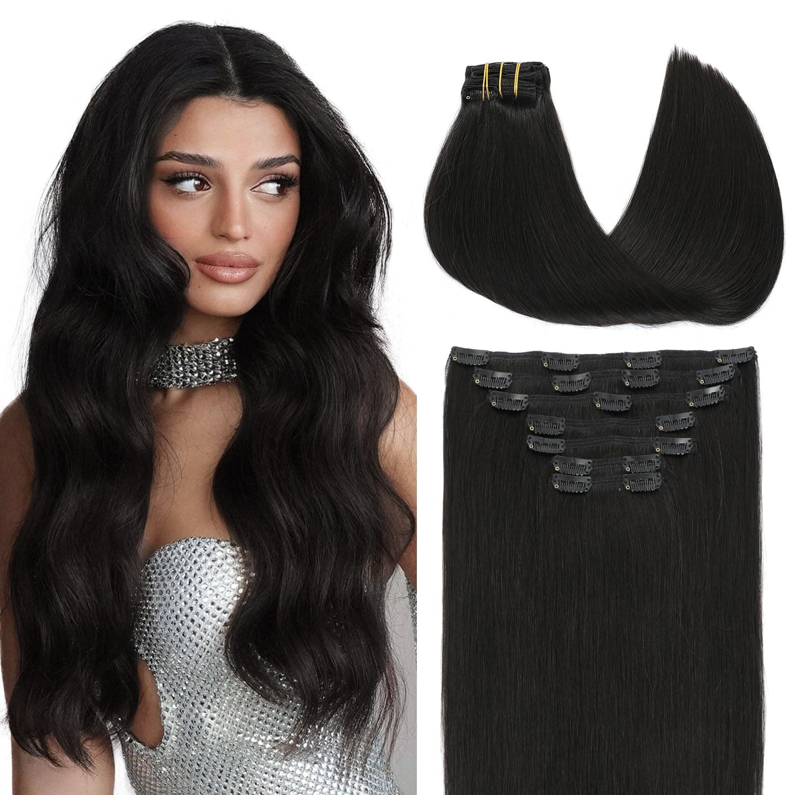 VINBAO Clip in Extensions Echthaar Schwarz, Clip in Haarverlängerung Echthaar 160g 45cm Natürlich Schwarz