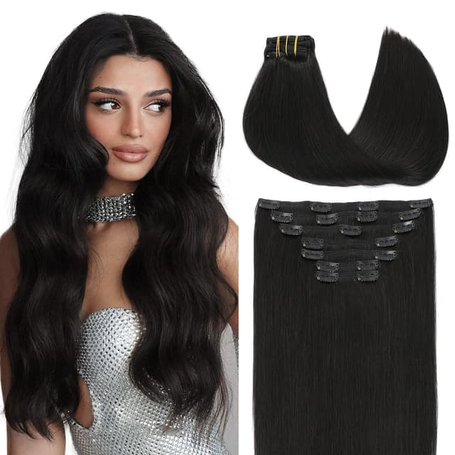 VINBAO Clip in Extensions Echthaar Schwarz, Clip in Haarverlängerung Echthaar 160g 45cm Natürlich Schwarz