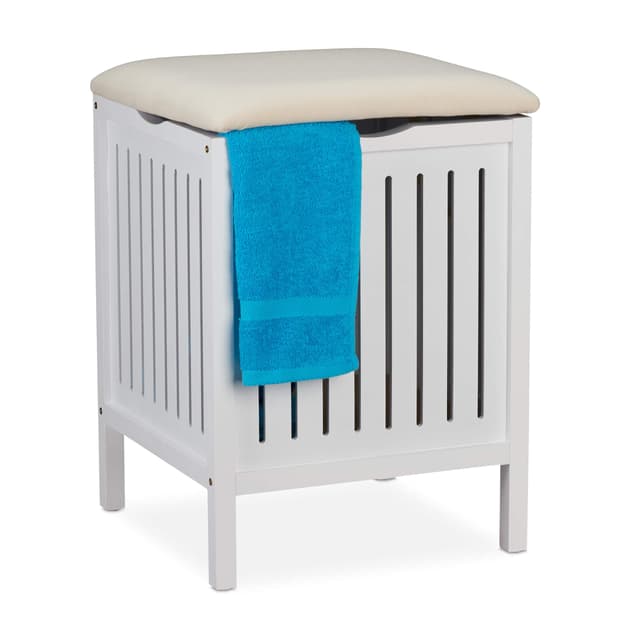 🛁🪑 Relaxdays Wäschekorb mit Sitz | Landhausstil | 40 l Wäschesammler | Holz & Stoff | Weiß