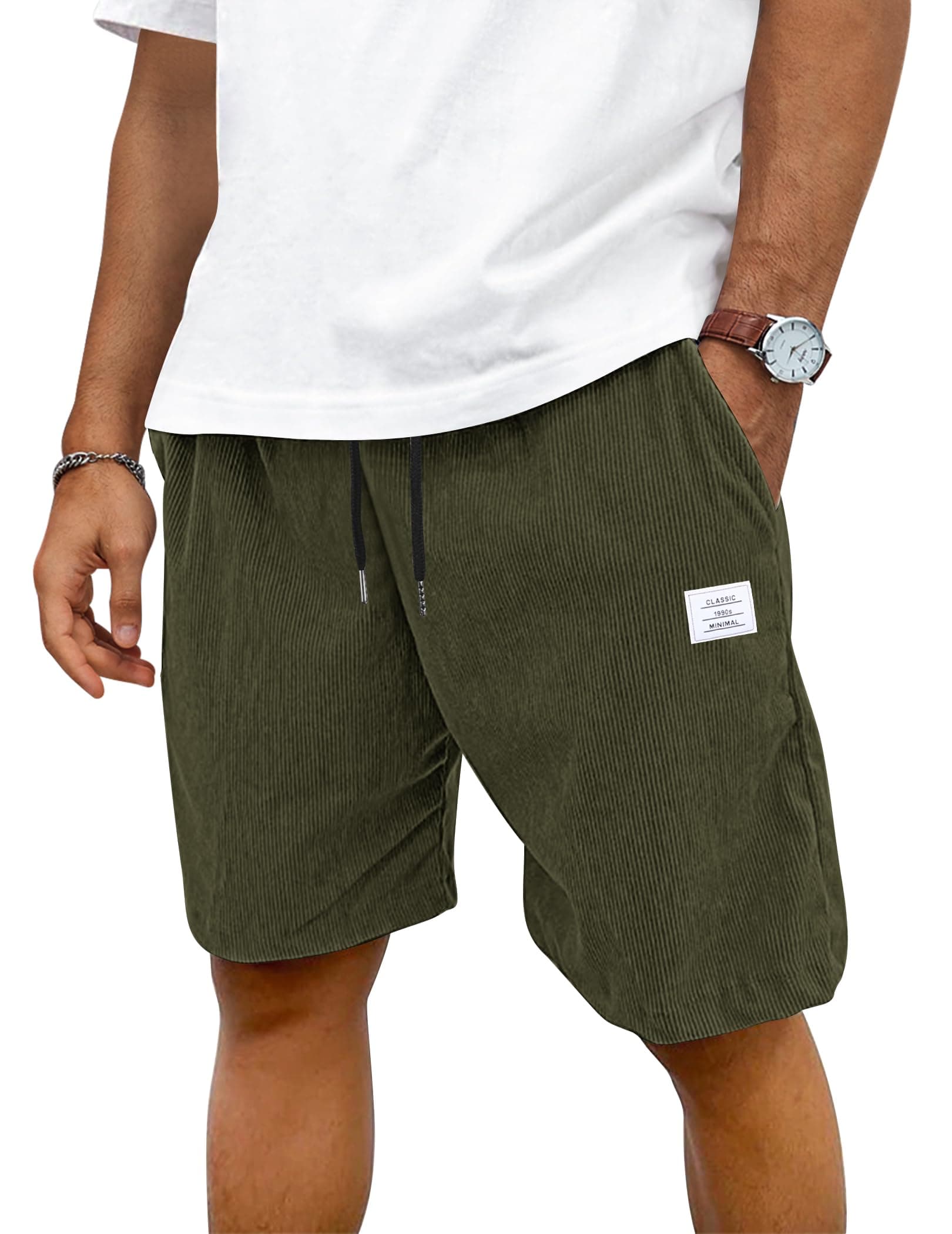 👖 TARAINYA Corduroy Kurze Hosen Herren 🌞 Baumwolle Kordelzug Shorts Herren Sommer Stretch Freizeitshorts mit Taschen C Armeegrüne XL