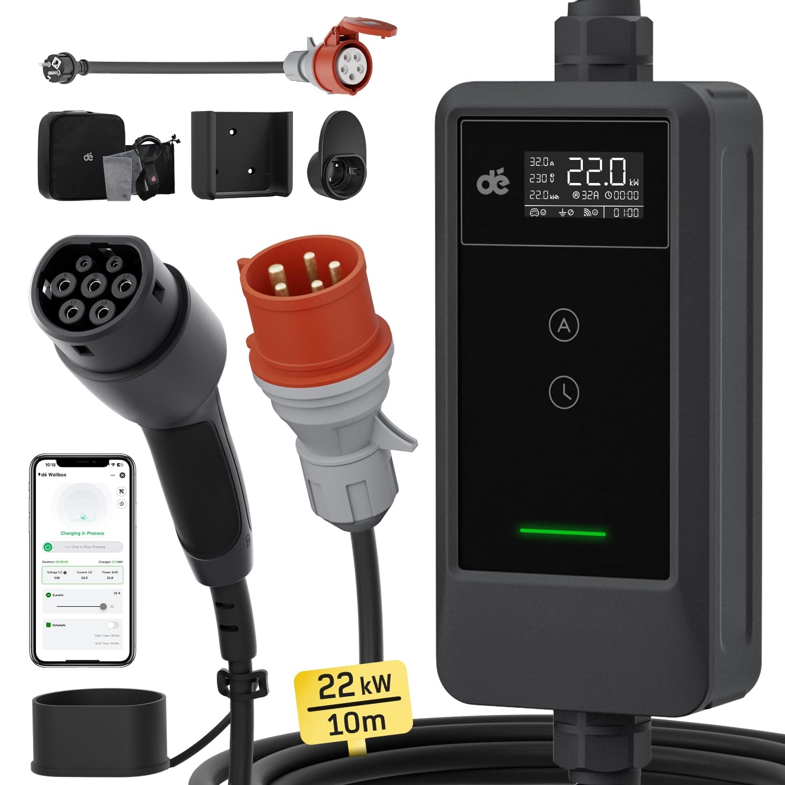 🔌🚗 Dé Mobile Wallbox/Ladestation 22kW Mit App [3-phasig|10m|6-32A] Angebot bei HelloDeals