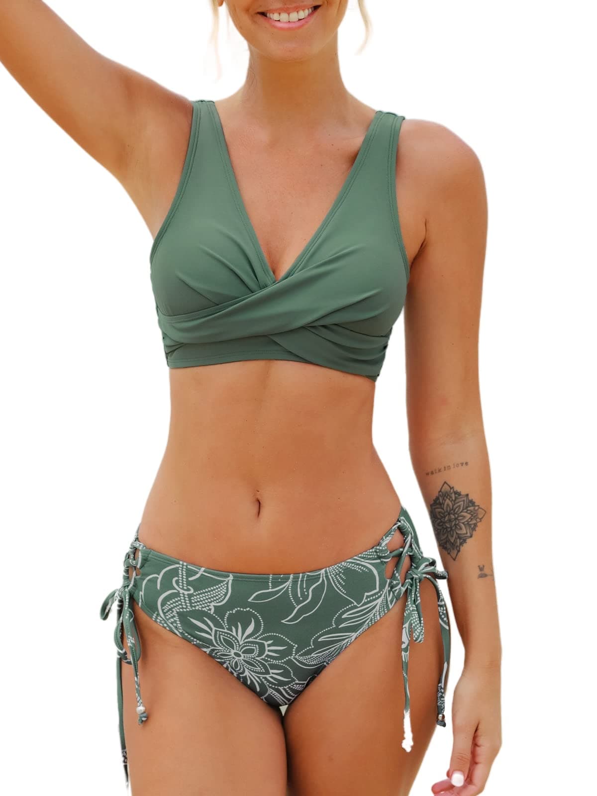 CUPSHE Damen Bikini Set 🌸 Wickeloptik Lace Up Bikini Bademode V Ausschnitt 🌊 Zweiteiliger Badeanzug Swimsuit M Dunkelgrün