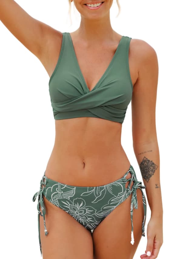 CUPSHE Damen Bikini Set 🌸 Wickeloptik Lace Up Bikini Bademode V Ausschnitt 🌊 Zweiteiliger Badeanzug Swimsuit M Dunkelgrün