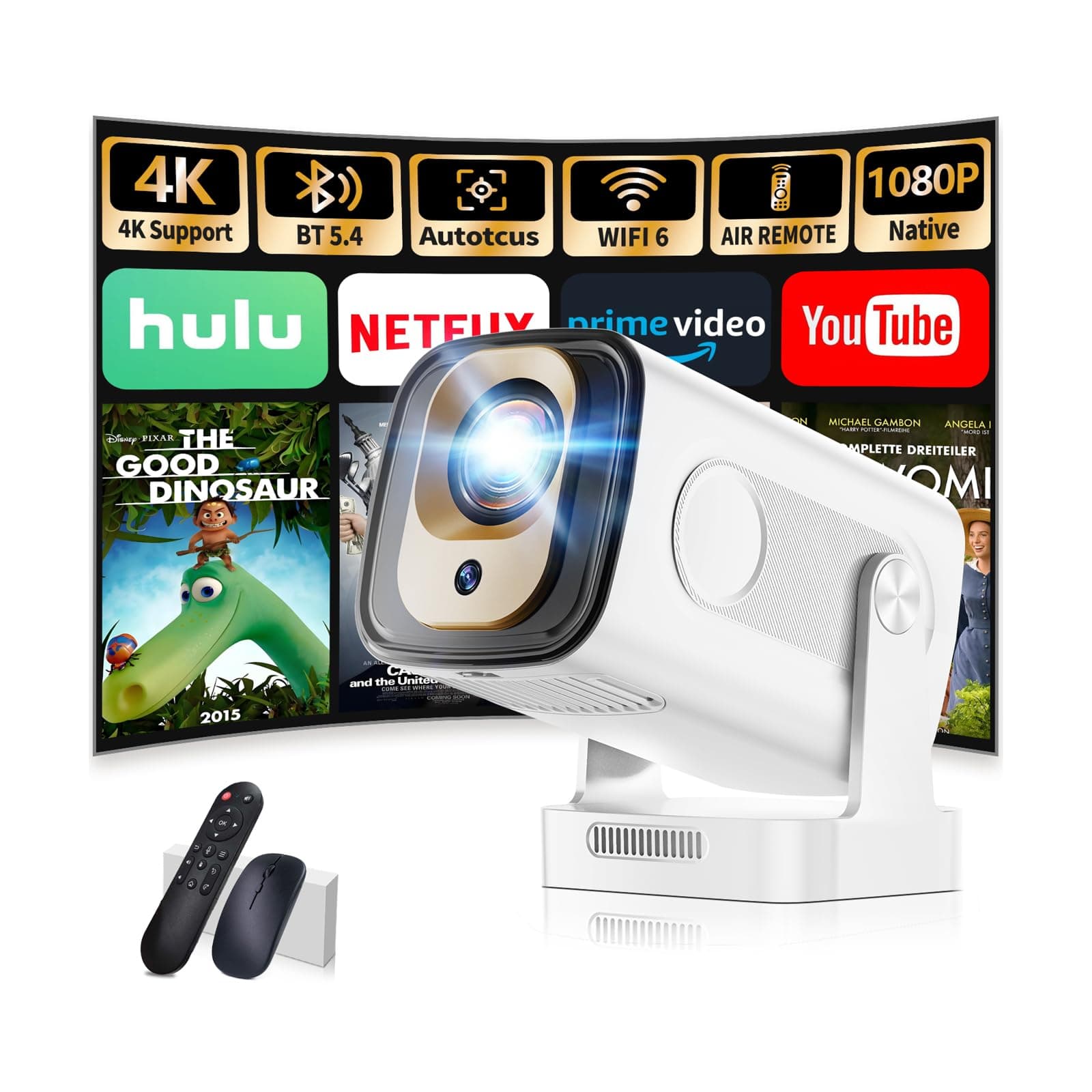🎬 Beamer 1080P mit WiFi & Bluetooth Android Projektor, Mini Beamer 4k mit 210° drehbarer Stand, Tragbarer Projektor Native 4K Full HD Unterstützung Laptop/HDMI/USB/Automatische Trapezkorrektur, weiß 1080P White