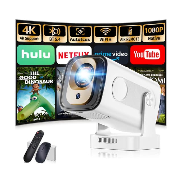 🎬 Beamer 1080P mit WiFi & Bluetooth Android Projektor, Mini Beamer 4k mit 210° drehbarer Stand, Tragbarer Projektor Native 4K Full HD Unterstützung Laptop/HDMI/USB/Automatische Trapezkorrektur, weiß 1080P White