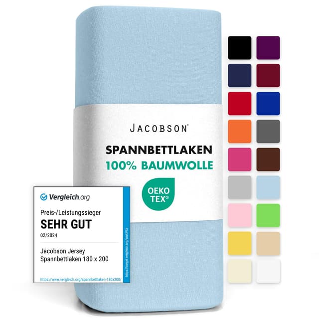 Jacobson Jersey Spannbettlaken Spannbetttuch Baumwolle Bettlaken (90x200-100x200 cm, Hellblau) 90x200 - 100x200 cm Hellblau