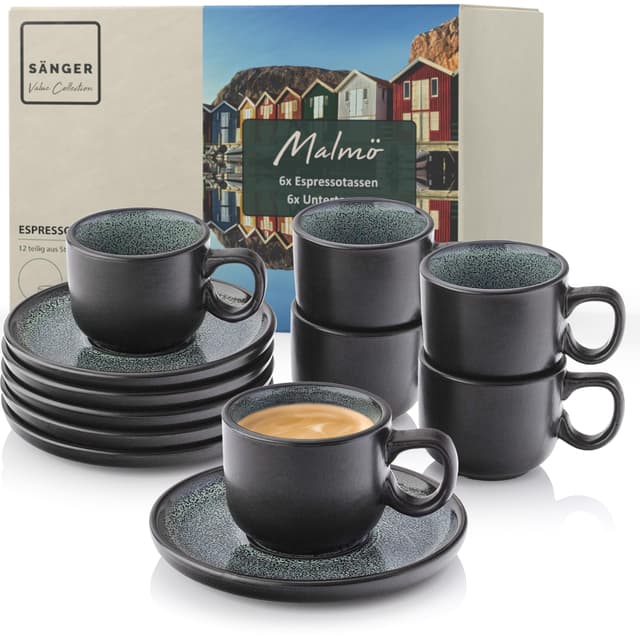 SÄNGER Malmö | Espressotassen Set Steingut 12 teilig - Tassenset grün mit schwarzem Rand 80 ml | VALUE COLLECTION Malmö Espressotassen 12 tlg.