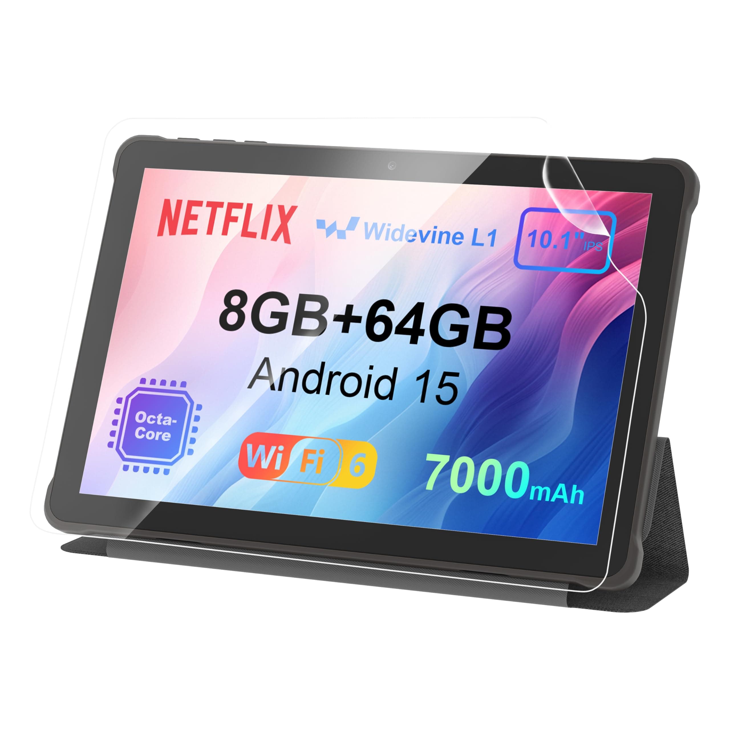 🔥 Tablet 10 Zoll Android 15: 2025 Neueste 7000mAh Octa-Core 8GB RAM+64GB 1TB TF Tablet PC mit WiFi 6 2.4G/5G Bluetooth 5.0 1280 * 800 FHD GMS Dual Kamera mit Hülle und Schutzfolie