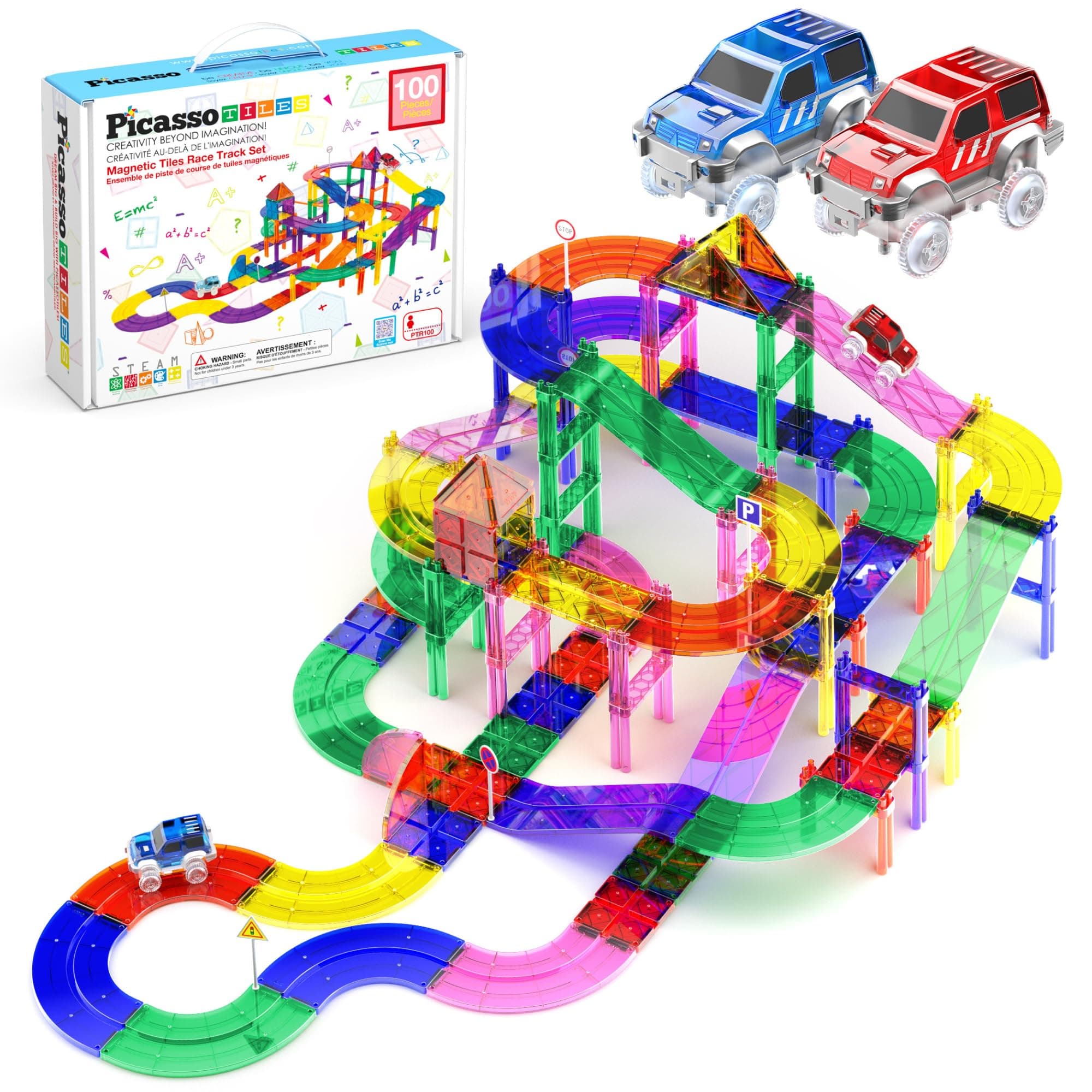 🏎️🧩 PicassoTiles Rennwagenbahn-Set mit 100 Teilen und 2 LED-Autos