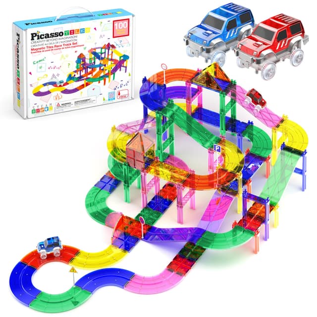 🏎️🧩 PicassoTiles Rennwagenbahn-Set mit 100 Teilen und 2 LED-Autos