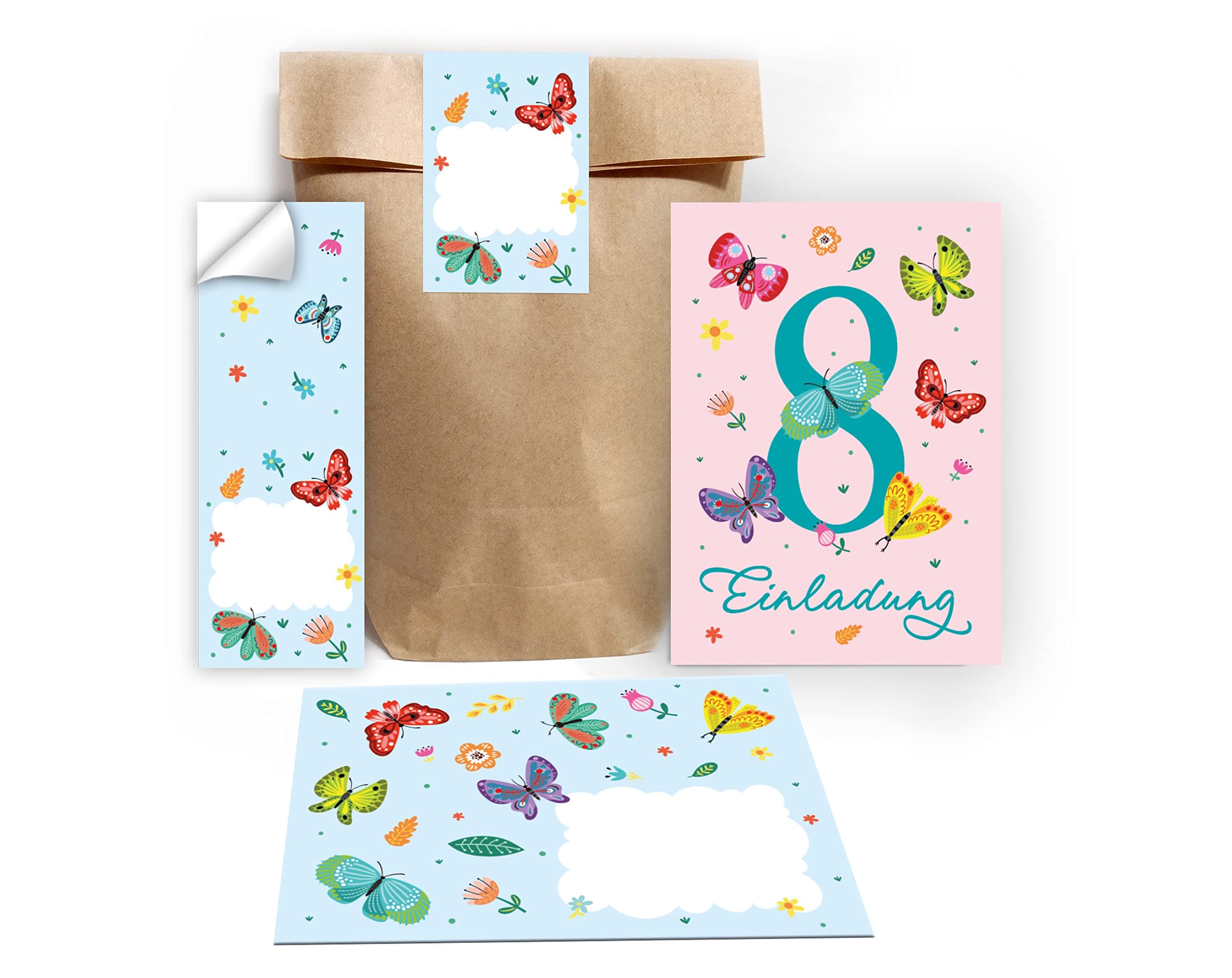 Junapack 12 Einladungskarten zum 8. Kindergeburtstag Mädchen Schmetterlinge 🦋🎉