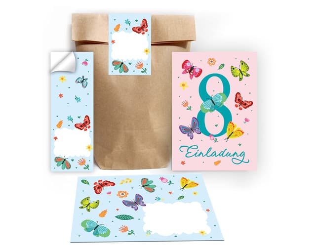Junapack 12 Einladungskarten zum 8. Kindergeburtstag Mädchen Schmetterlinge 🦋🎉