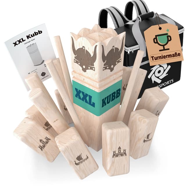 Kubb XXL [Premium] Holz Wikinger Spiel aus Gummibaum Holz mit Tragetasche 🌲🛡️🔥