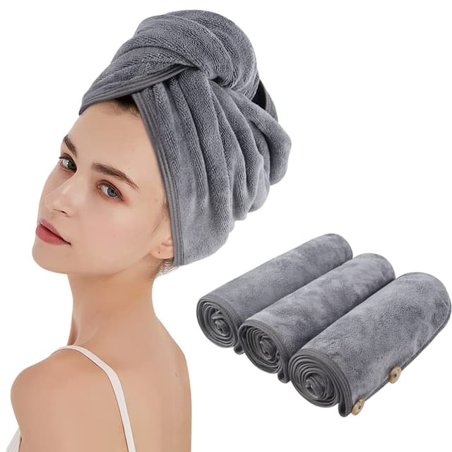 KinHwa Turban Handtuch mit Knopf Mikrofaser Haarturban 3 Stück Grau 25cmx65cm