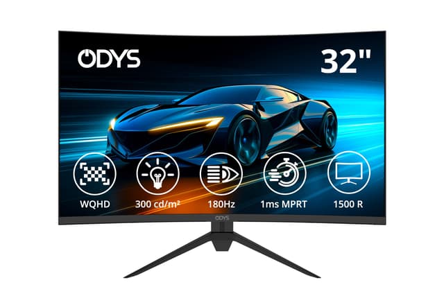 🎮 ODYS Gaming Monitor XP32-X - 32 Zoll (80 cm), Curved (1500R), 180 Hz, WQHD (2.560x1.440 px), 1 ms Reaktionszeit (MPRT), HDR, FreeSync/G-Sync komp., Eye Care, HDMI, DP, 3,5mm Audio WQHD - 180Hz 32 Zoll
