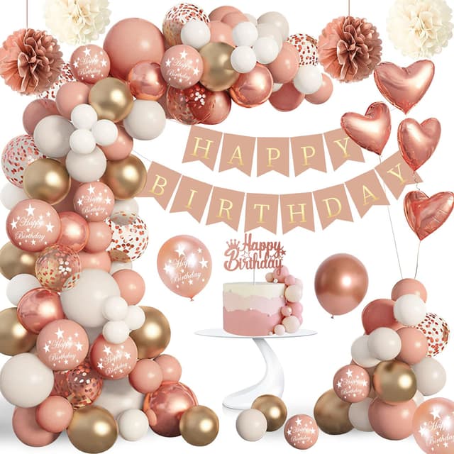 Rainllon Rosegold Geburtstagsdeko 🎈 für Girls und Frauen: Happy Birthday Banner, Pompons und Luftballons