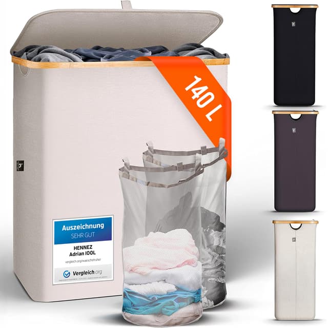 🧺 HENNEZ Wäschekorb mit Deckel 2 Fächer 140L Beige - Grau 🌟