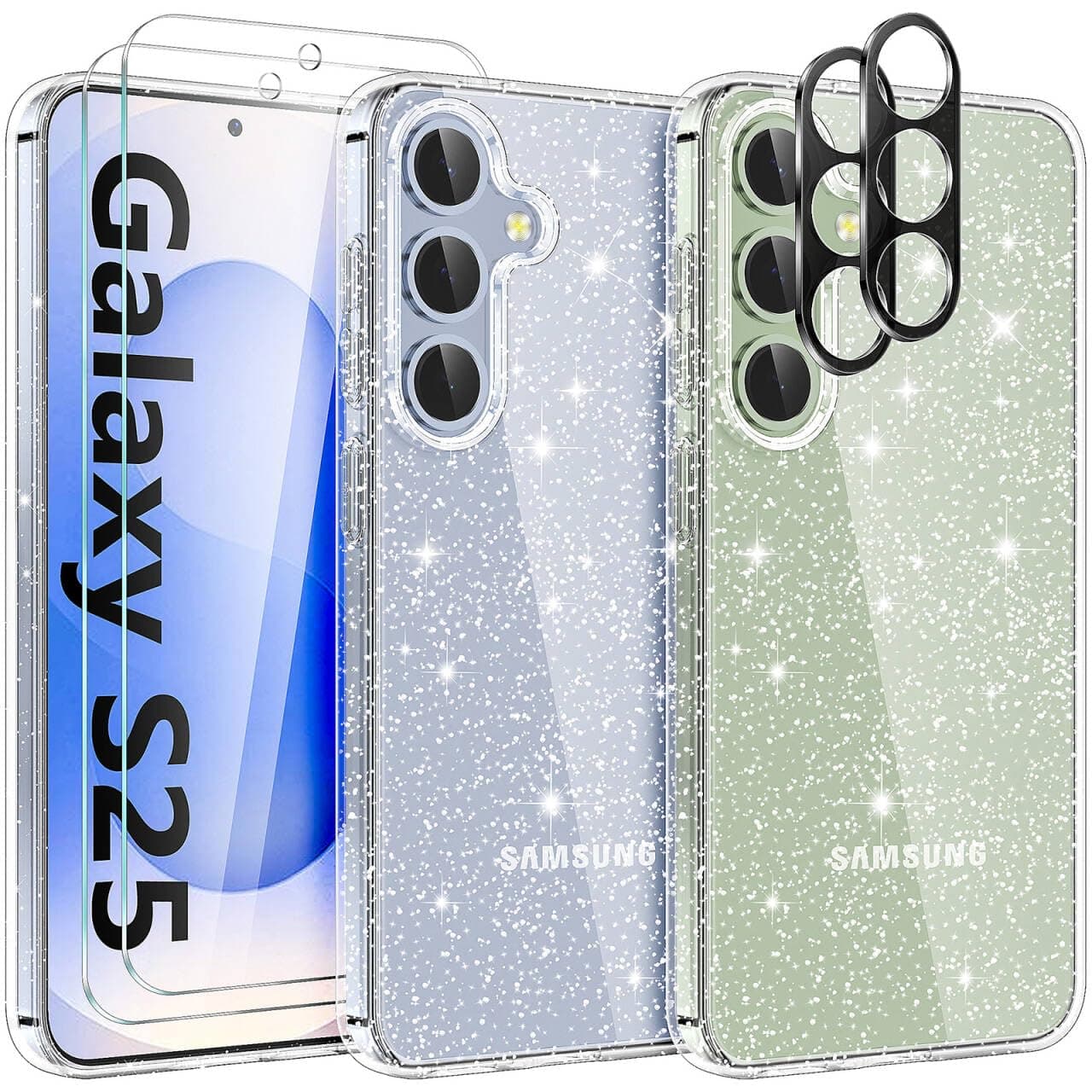 YIRSUR Hülle für Samsung Galaxy S25 mit Glitzer, Schutzfolie und Kameraschutz