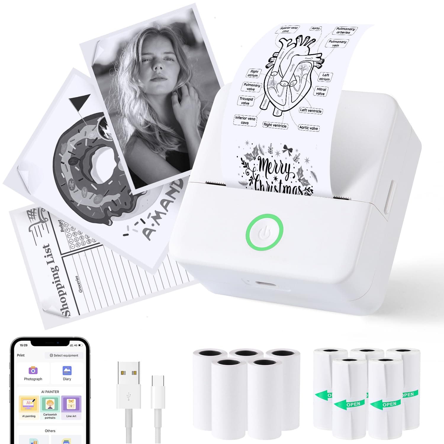 📸🖨️ PRAOAHEI Mini Drucker, Tragbarer Fotodrucker mit 10 Rollen Druckerpapier, Bluetooth-Etikettendrucker, Thermodrucker für Notizen, Fotos, Tagebücher (Weiß)