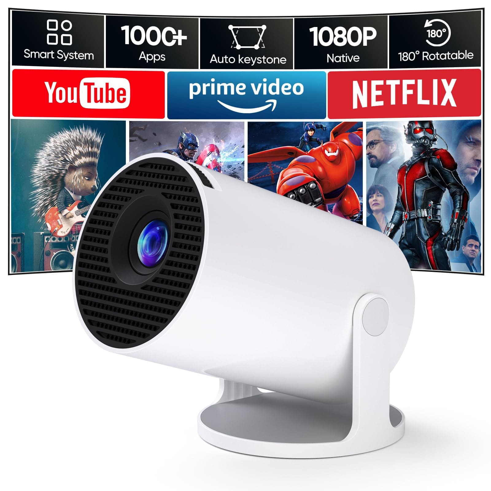 🎥 Wielio 2025 Neuer Mini Beamer mit WiFi und Bluetooth, Android 11 und integrierten Apps - Weiß 🌟