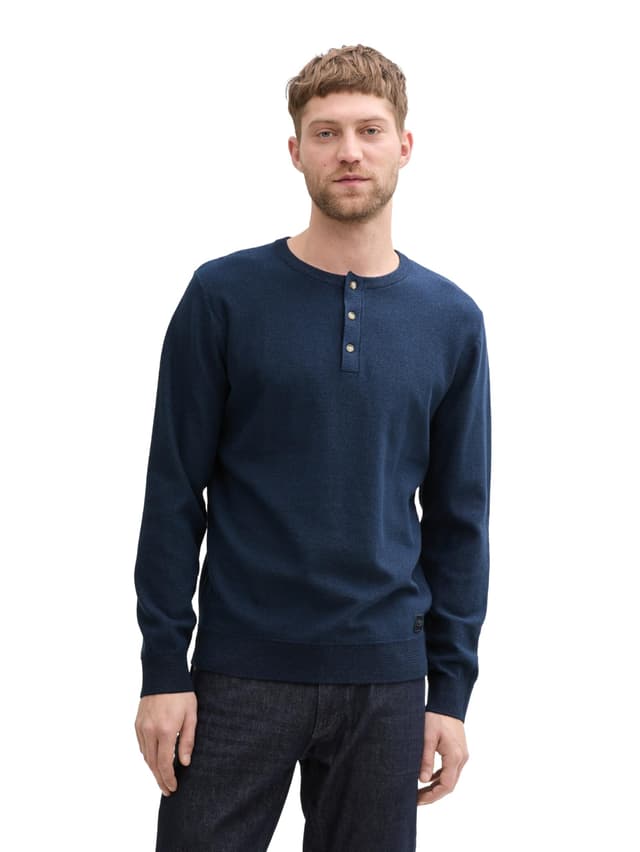 🔥SALE🔥 TOM TAILOR Herren Henley Strickpullover aus Baumwolle L 37715 - Sky Captain Tonal Finestripe