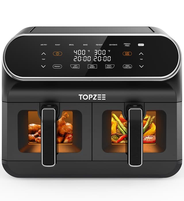 🔥 DEAL: TOPZEE 8L Airfryer, Heißluftfritteuse 2 Kammern mit Sichtfenster 🍟🥩
