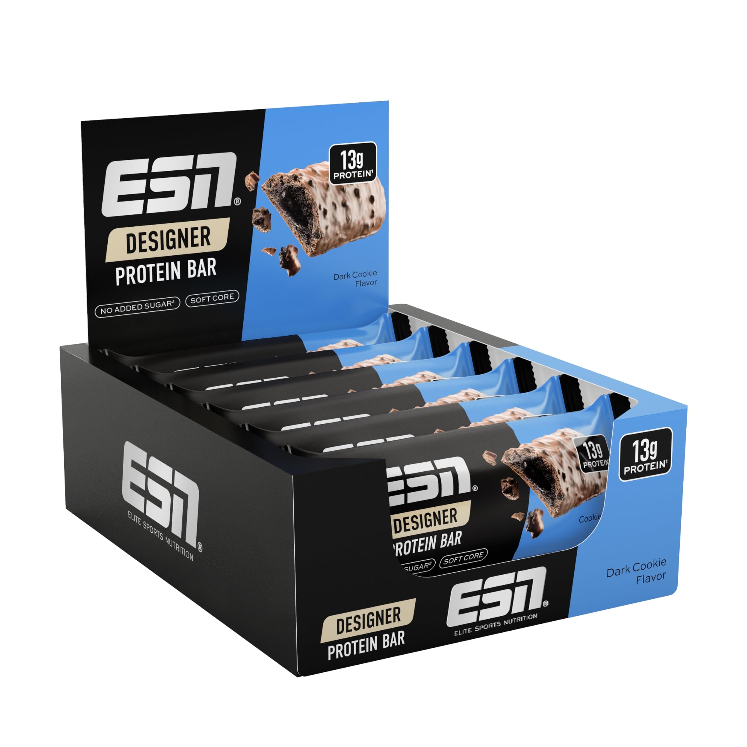 ESN Designer Bar Box, Dark Cookie, 12 x 45 g - Der ideale Snack mit bis zu 14 g Protein pro Riegel