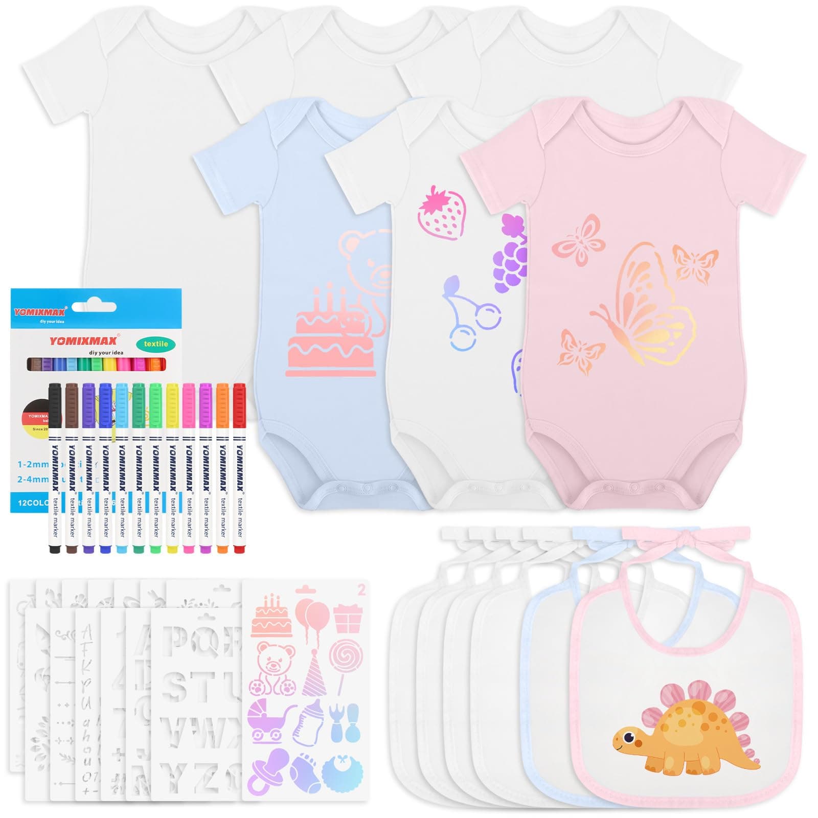 🎨 Aragallant 12 Stück Baby Lätzchen zum Bemalen & 6 Kurzarmbody Set 🍼
