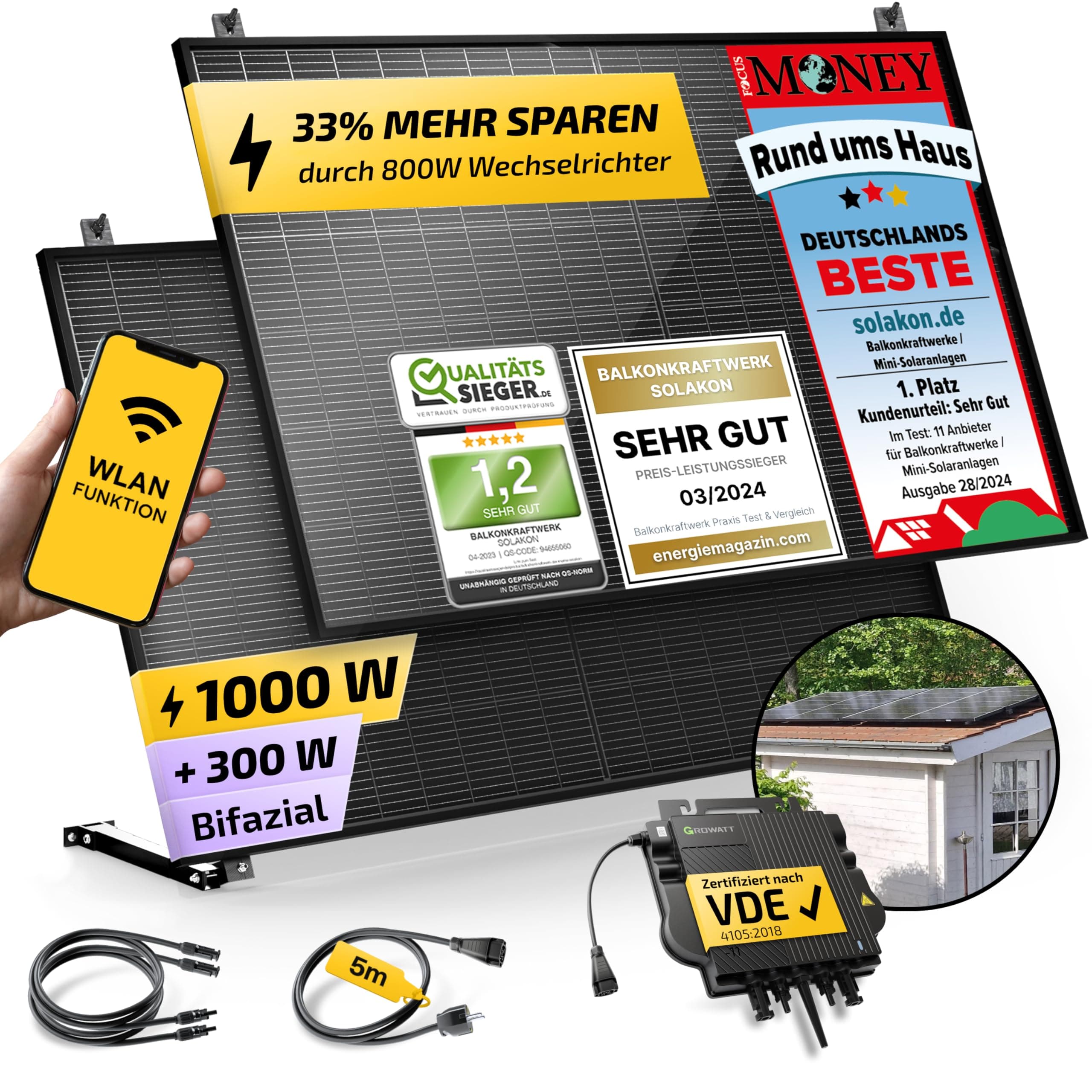 Solakon® 1000W Balkonkraftwerk mit Halterung (Gartenhaus) 🌞🏡