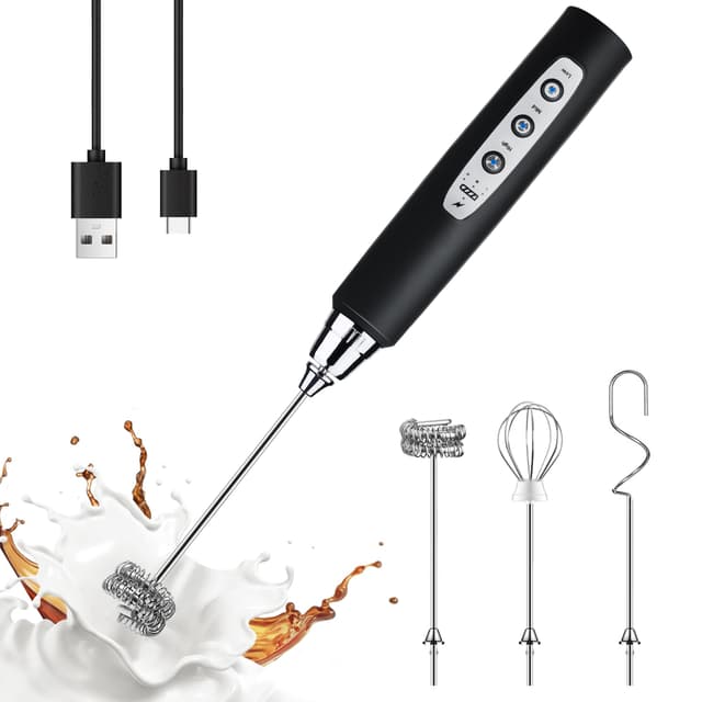 YUSWKO Schwarz Milchaufschäumer Stab für Kaffee 🌟 Elektrisch & USB Wiederaufladbar 🌿 3 Schneebesen-Köpfe & 3 Geschwindigkeiten