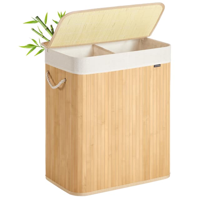 SONGMICS Wäschekorb 2 Fächer, 100 L Wäschesammler mit Deckel, Wäschebox Bambus 😍👕🧺